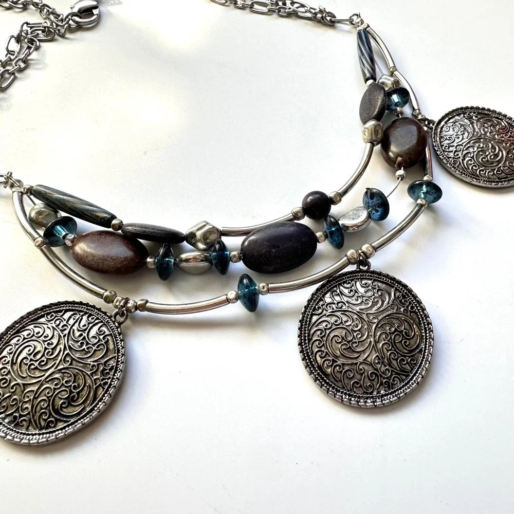 Chico's Silver Tone Layered Beaded Statement Necklace Brown Blue‎ Southwestern